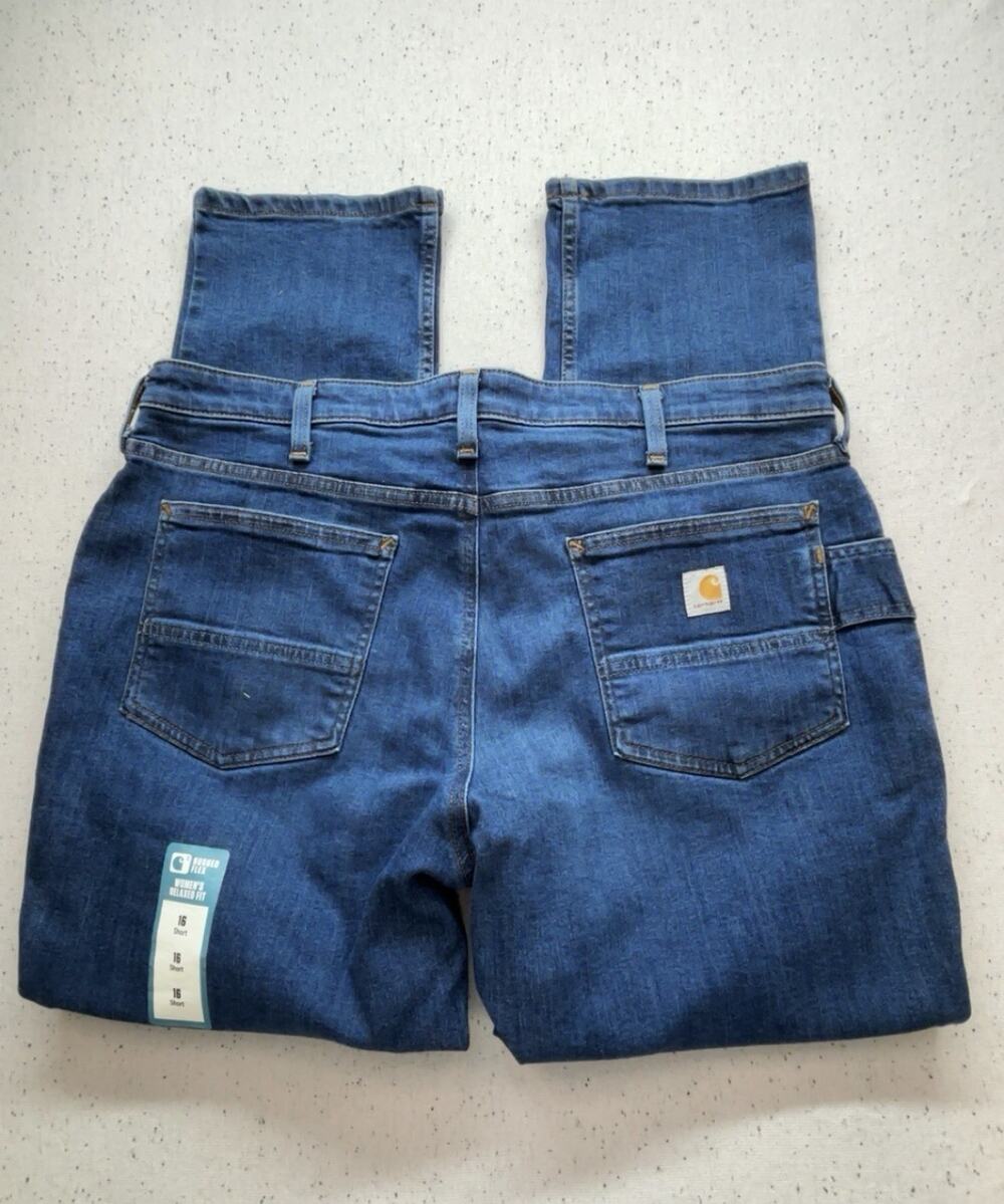 Carhartt Womens Rugged Flex Relaxed Fit Carpenter Jeans Size 16 Short Blue Work
